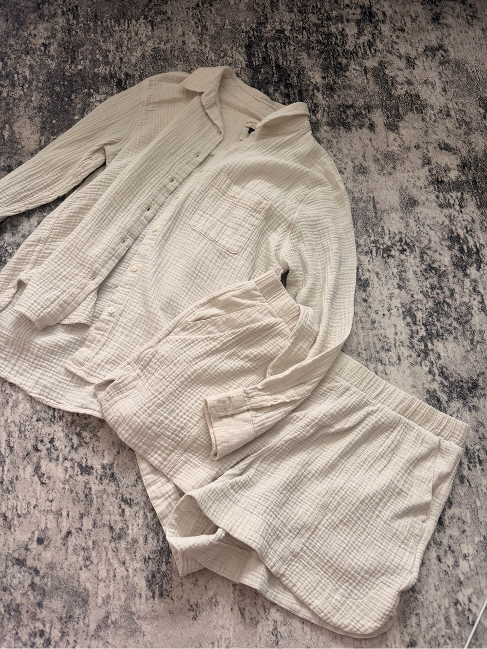 Light Cream Women's Cotton Gauze Set - Button Front Top & Shorts